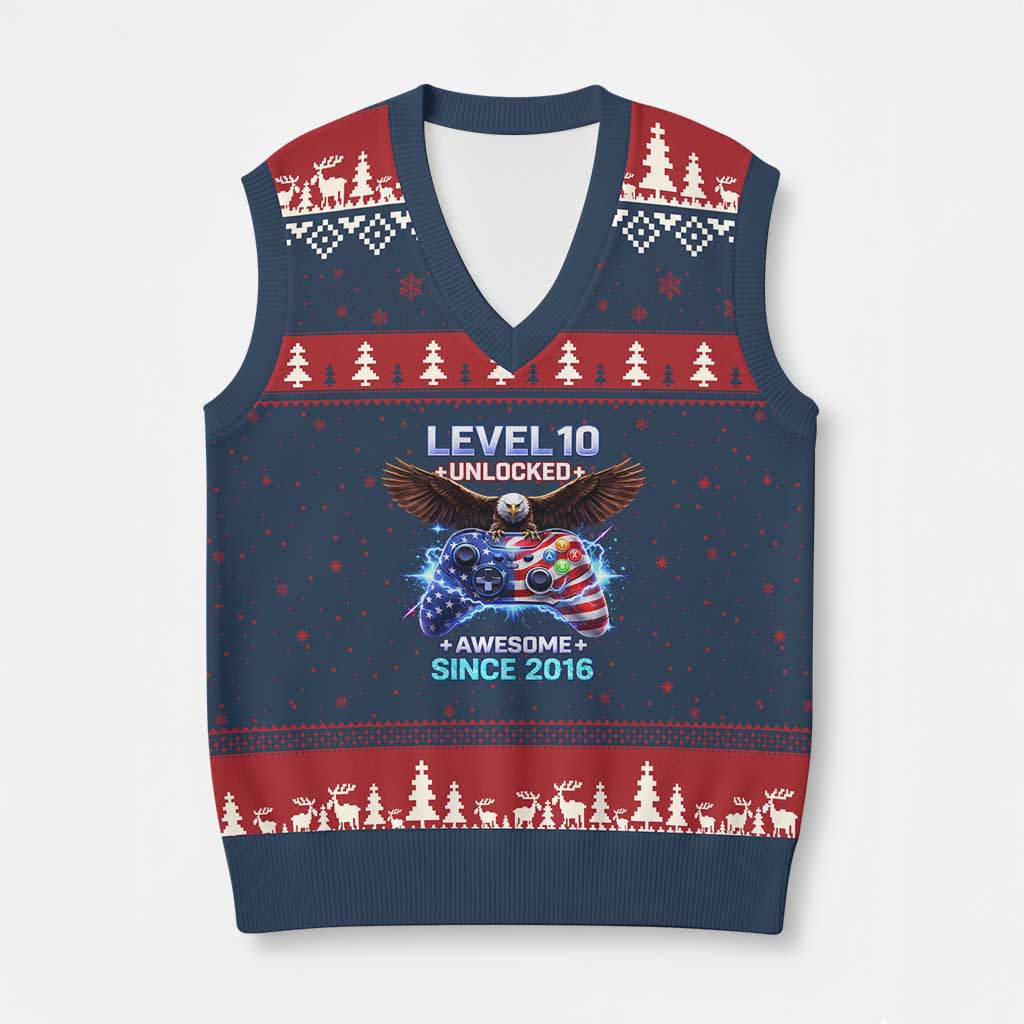 Funny 10th Birthday V-Neck Knit Sweater Vest Level 10 Unlocked Awesome Since 2016 USA Gamer TS11 Navy Red Print Your Wear