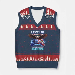 Funny 10th Birthday V-Neck Knit Sweater Vest Level 10 Unlocked Awesome Since 2016 USA Gamer TS11 Navy Red Print Your Wear