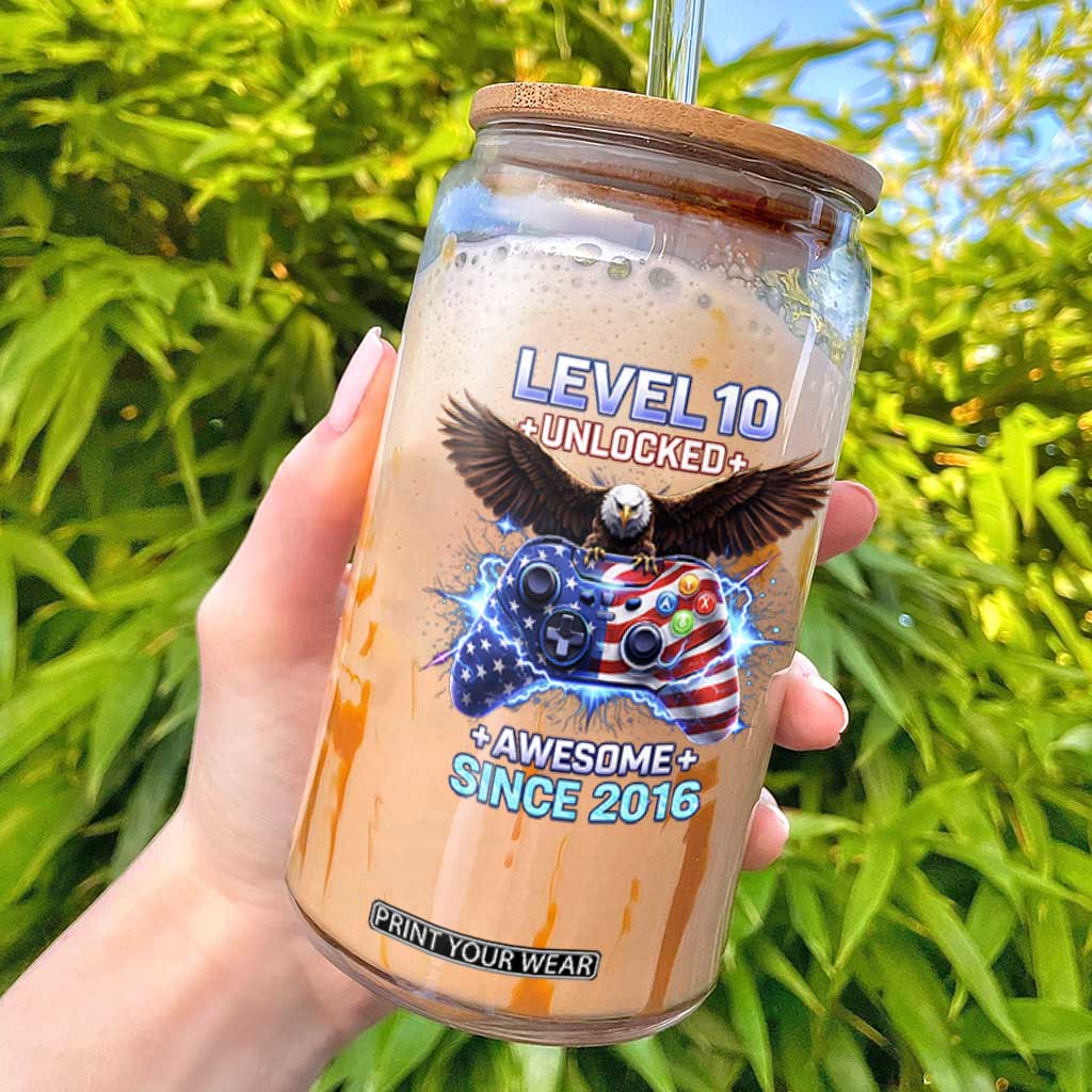 Funny 10th Birthday Glass Can Level 10 Unlocked Awesome Since 2016 USA Gamer TS11 Black Print Your Wear
