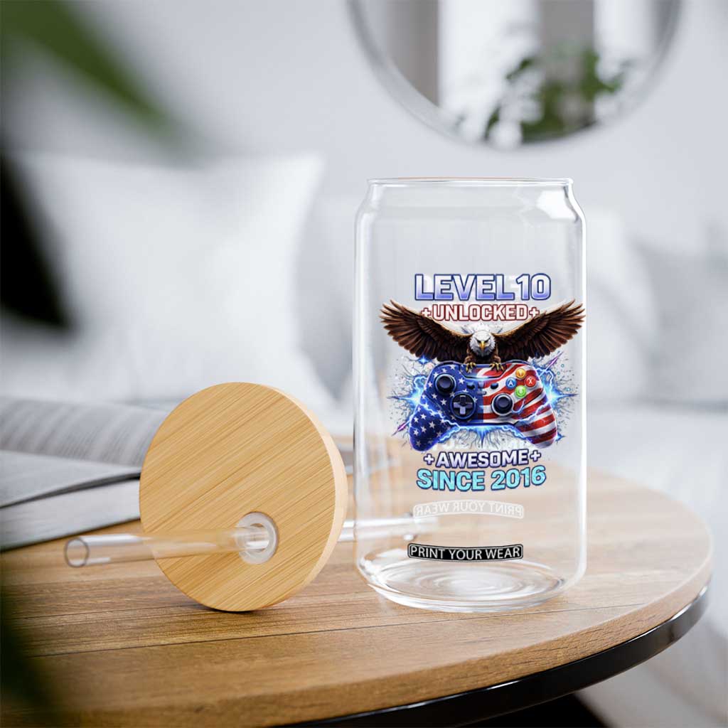 Funny 10th Birthday Glass Can Level 10 Unlocked Awesome Since 2016 USA Gamer TS11 Print Your Wear