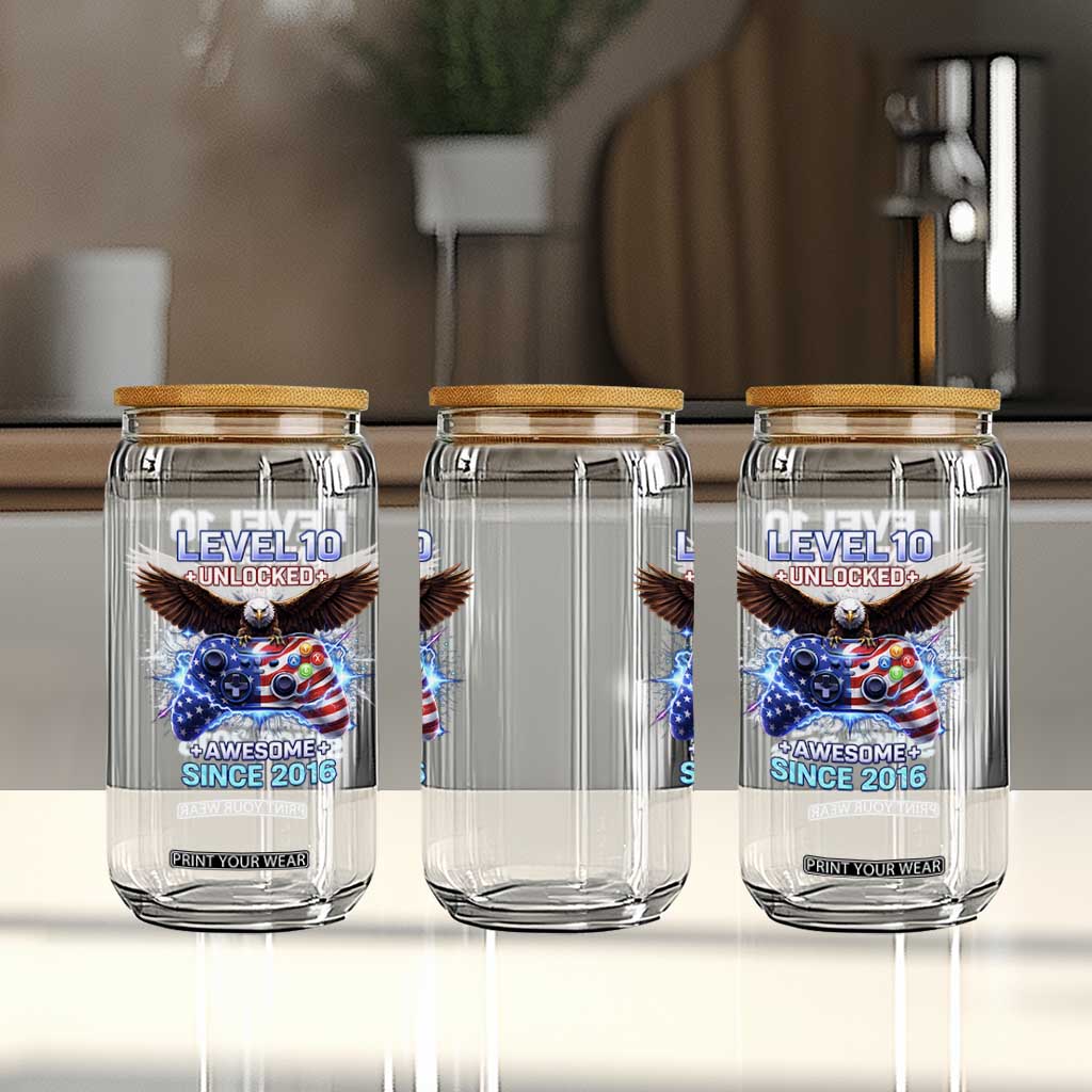 Funny 10th Birthday Glass Can Level 10 Unlocked Awesome Since 2016 USA Gamer TS11 Print Your Wear