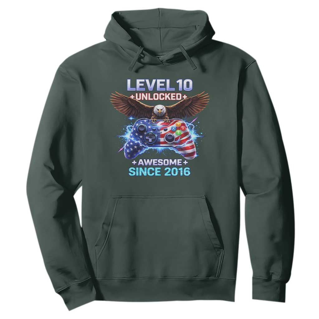 Funny 10th Birthday Hoodie Level 10 Unlocked Awesome Since 2016 USA Gamer TS11 Dark Forest Green Print Your Wear
