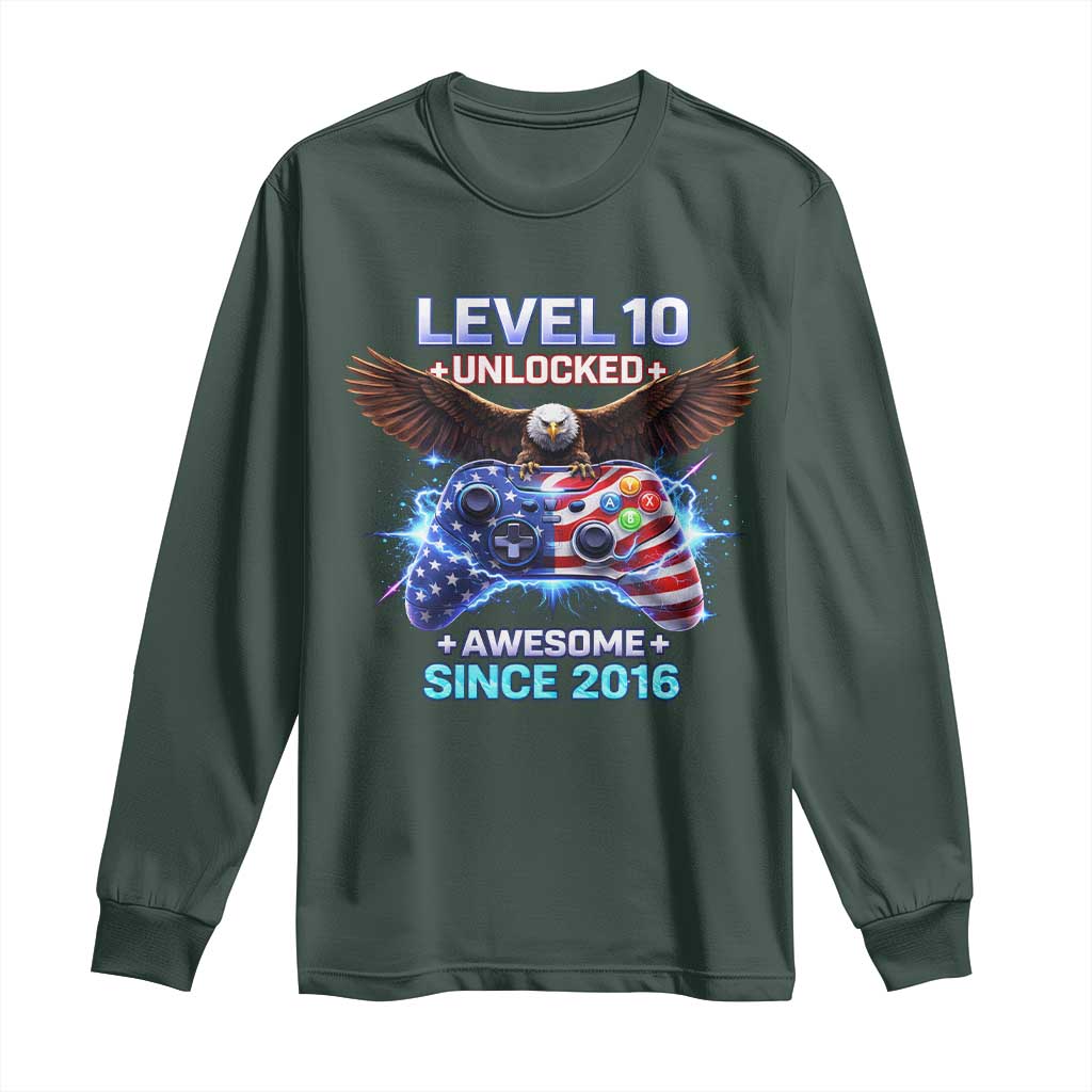 Funny 10th Birthday Long Sleeve Shirt Level 10 Unlocked Awesome Since 2016 USA Gamer TS11 Dark Forest Green Print Your Wear