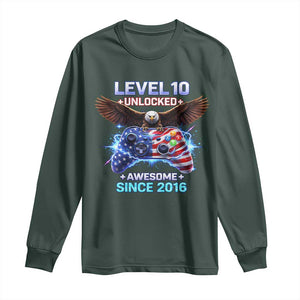 Funny 10th Birthday Long Sleeve Shirt Level 10 Unlocked Awesome Since 2016 USA Gamer TS11 Dark Forest Green Print Your Wear