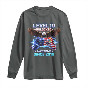 Funny 10th Birthday Long Sleeve Shirt Level 10 Unlocked Awesome Since 2016 USA Gamer TS11 Dark Heather Print Your Wear