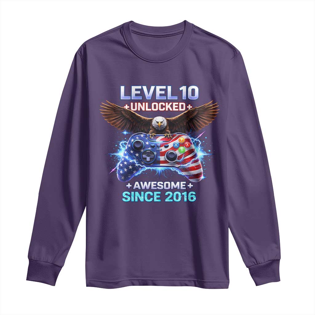 Funny 10th Birthday Long Sleeve Shirt Level 10 Unlocked Awesome Since 2016 USA Gamer TS11 Purple Print Your Wear