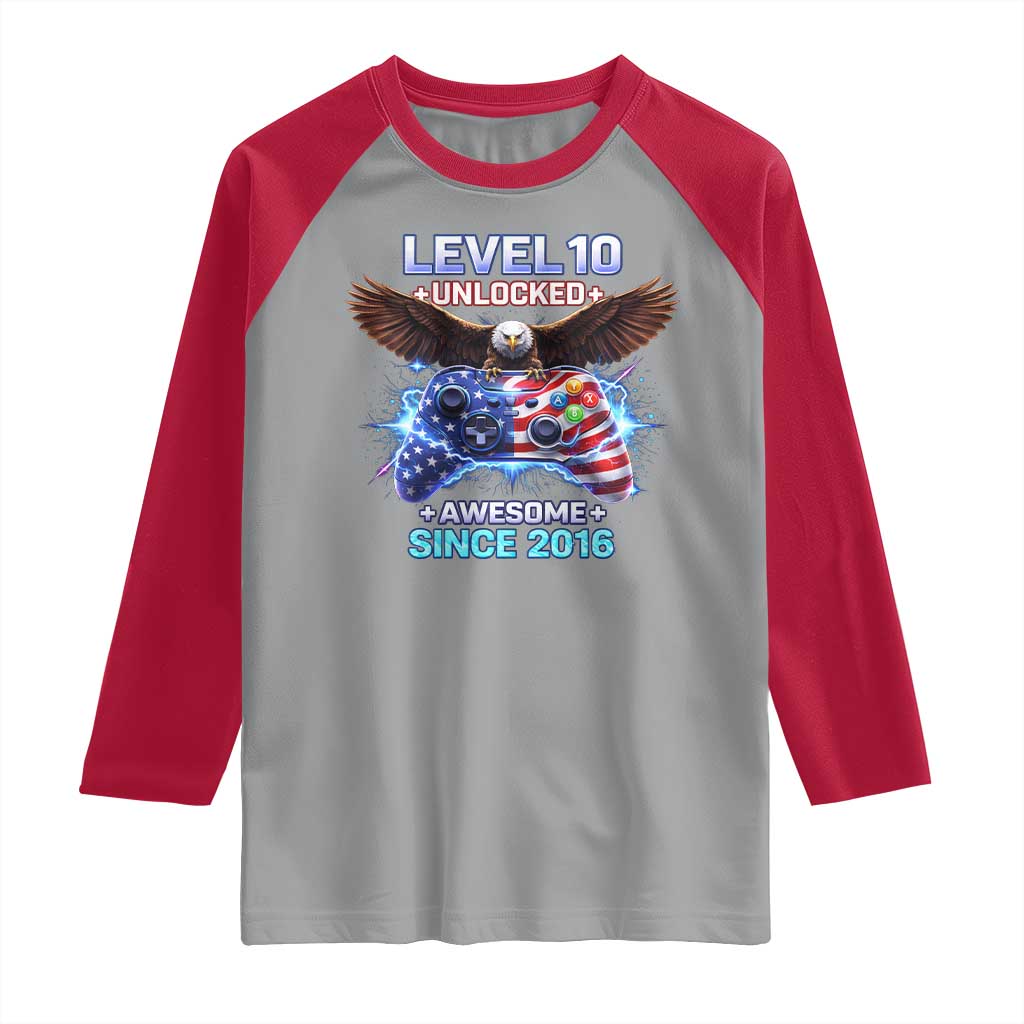 Funny 10th Birthday Raglan Shirt Level 10 Unlocked Awesome Since 2016 USA Gamer TS11 Sport Gray Red Print Your Wear