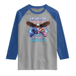 Funny 10th Birthday Raglan Shirt Level 10 Unlocked Awesome Since 2016 USA Gamer TS11 Sport Gray Royal Print Your Wear