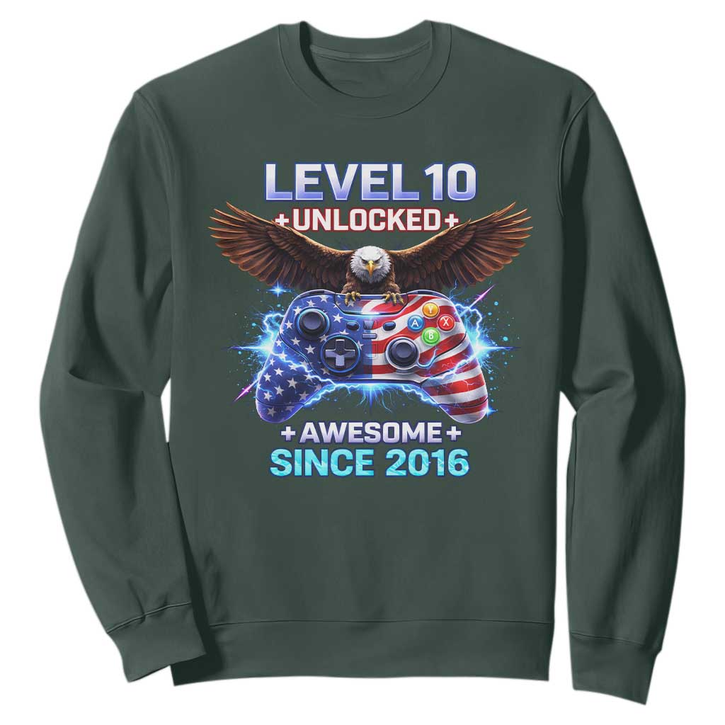 Funny 10th Birthday Sweatshirt Level 10 Unlocked Awesome Since 2016 USA Gamer TS11 Dark Forest Green Print Your Wear
