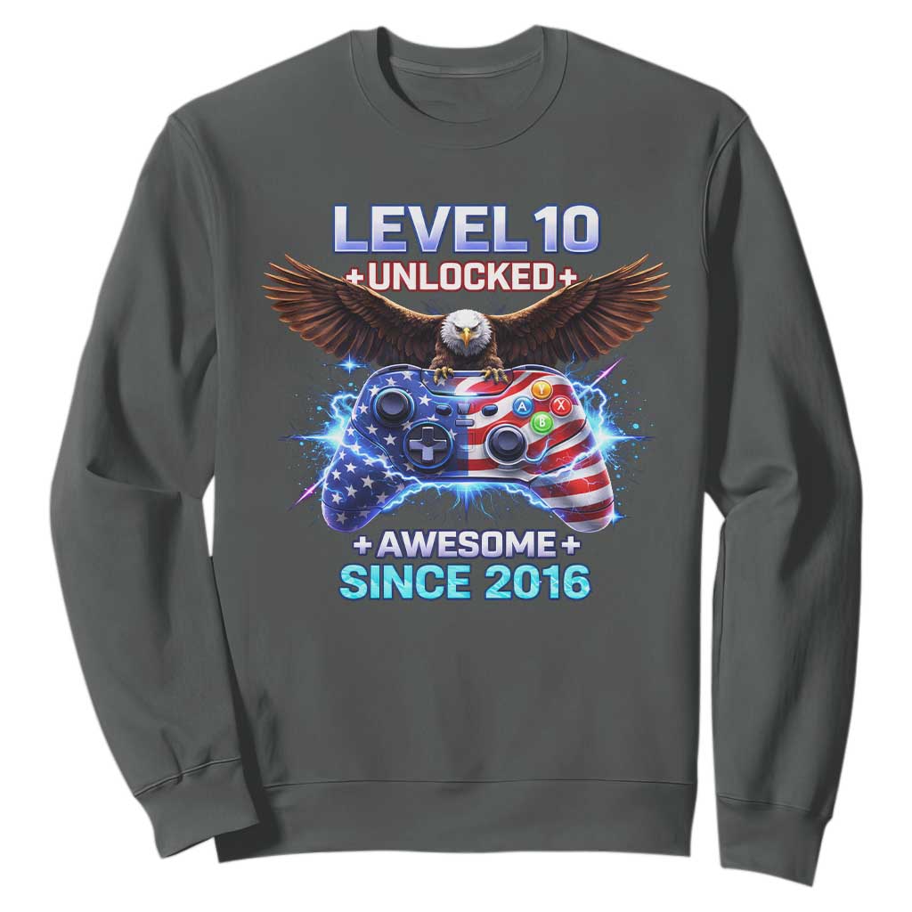 Funny 10th Birthday Sweatshirt Level 10 Unlocked Awesome Since 2016 USA Gamer TS11 Dark Heather Print Your Wear