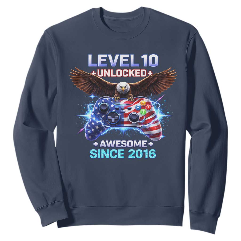 Funny 10th Birthday Sweatshirt Level 10 Unlocked Awesome Since 2016 USA Gamer TS11 Navy Print Your Wear
