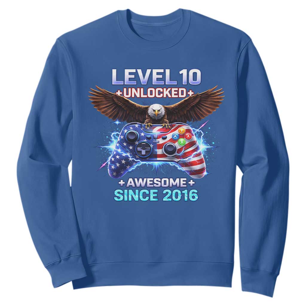 Funny 10th Birthday Sweatshirt Level 10 Unlocked Awesome Since 2016 USA Gamer TS11 Royal Blue Print Your Wear
