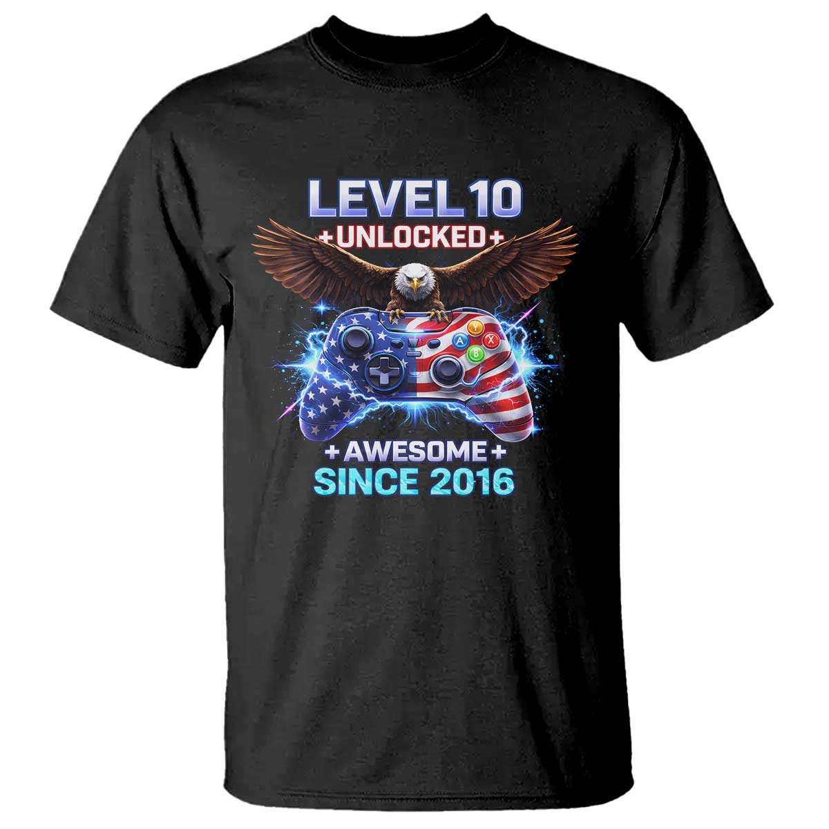 Funny 10th Birthday T Shirt Level 10 Unlocked Awesome Since 2016 USA Gamer TS11 Black Print Your Wear