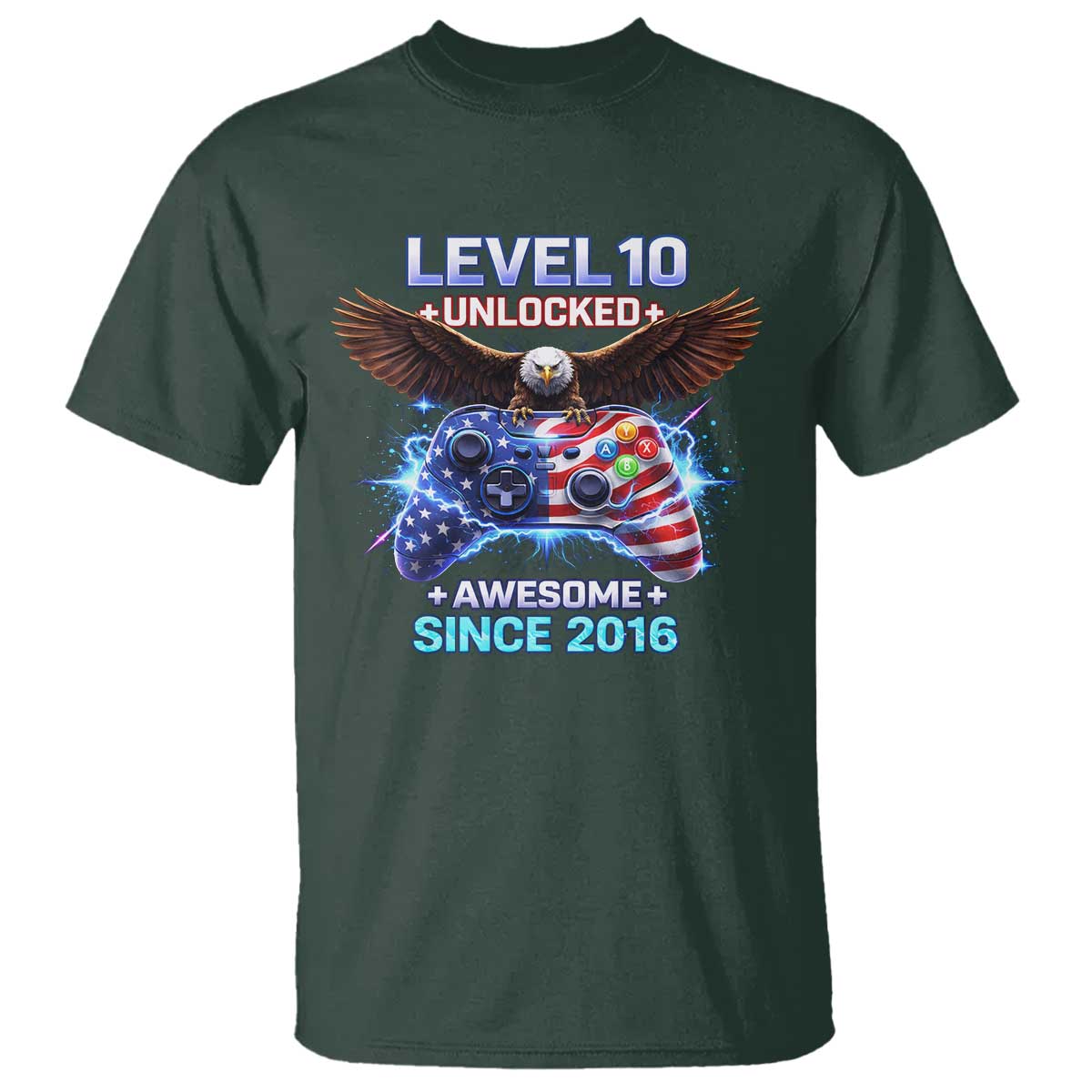 Funny 10th Birthday T Shirt Level 10 Unlocked Awesome Since 2016 USA Gamer TS11 Dark Forest Green Print Your Wear