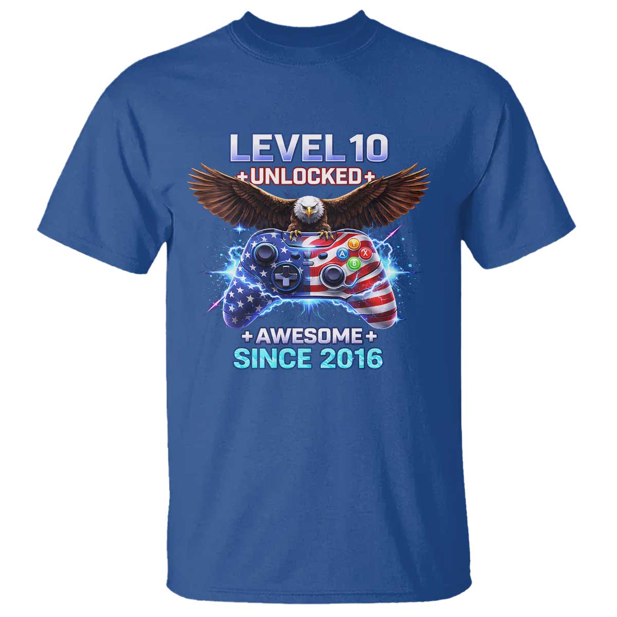 Funny 10th Birthday T Shirt Level 10 Unlocked Awesome Since 2016 USA Gamer TS11 Royal Blue Print Your Wear