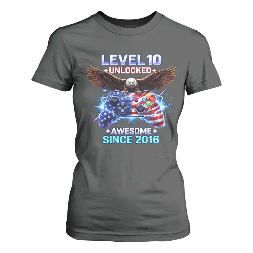 Funny 10th Birthday T Shirt For Women Level 10 Unlocked Awesome Since 2016 USA Gamer TS11 Dark Heather Print Your Wear