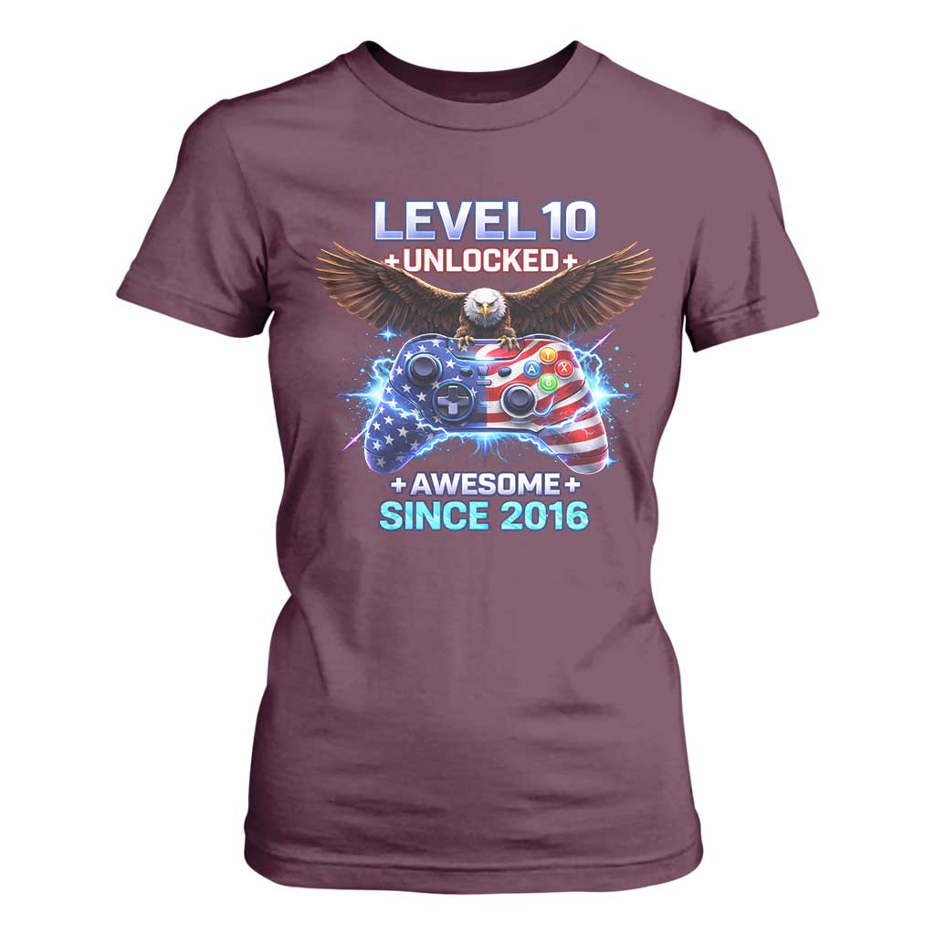 Funny 10th Birthday T Shirt For Women Level 10 Unlocked Awesome Since 2016 USA Gamer TS11 Maroon Print Your Wear
