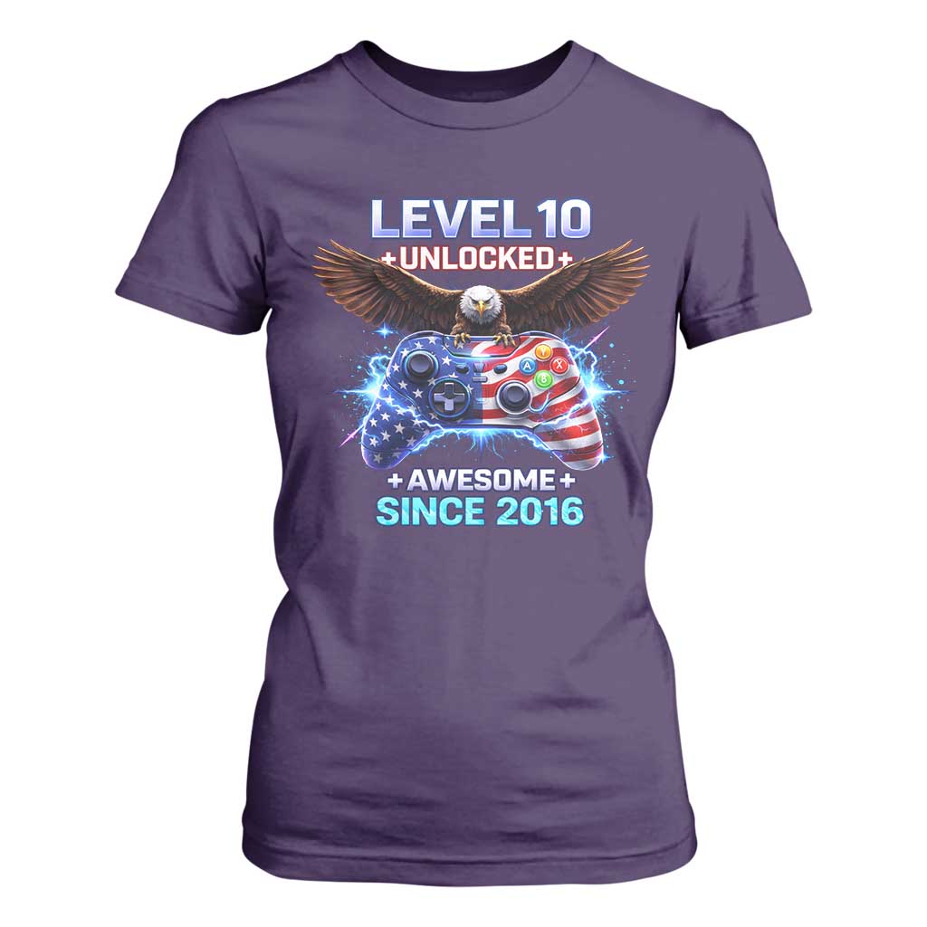 Funny 10th Birthday T Shirt For Women Level 10 Unlocked Awesome Since 2016 USA Gamer TS11 Purple Print Your Wear