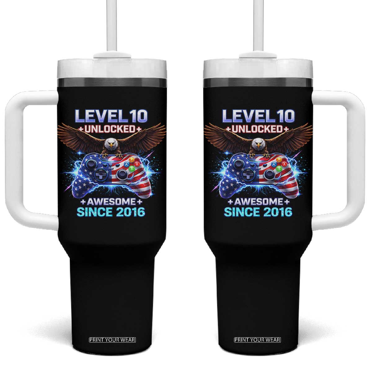 Funny 10th Birthday Tumbler With Handle Level 10 Unlocked Awesome Since 2016 USA Gamer TS11 One Size: 40 oz Black Print Your Wear