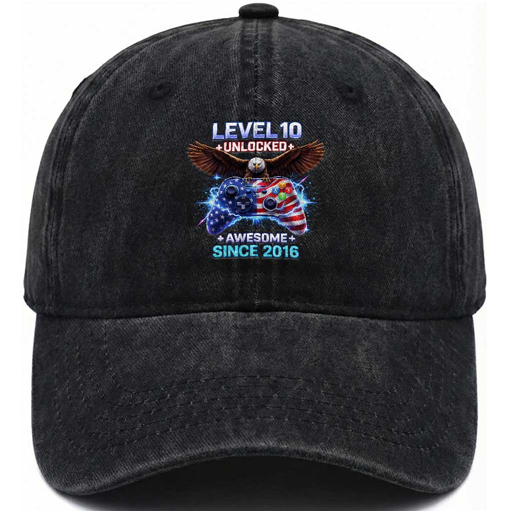 Funny 10th Birthday Washed Cotton Baseball Cap Level 10 Unlocked Awesome Since 2016 USA Gamer
