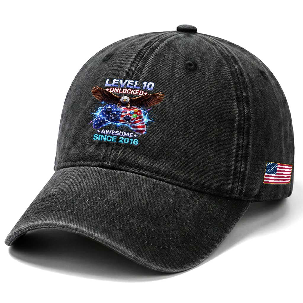 Funny 10th Birthday Washed Cotton Baseball Cap Level 10 Unlocked Awesome Since 2016 USA Gamer