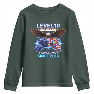 Funny 10th Birthday Youth Sweatshirt Level 10 Unlocked Awesome Since 2016 USA Gamer TS11 Dark Forest Green Print Your Wear