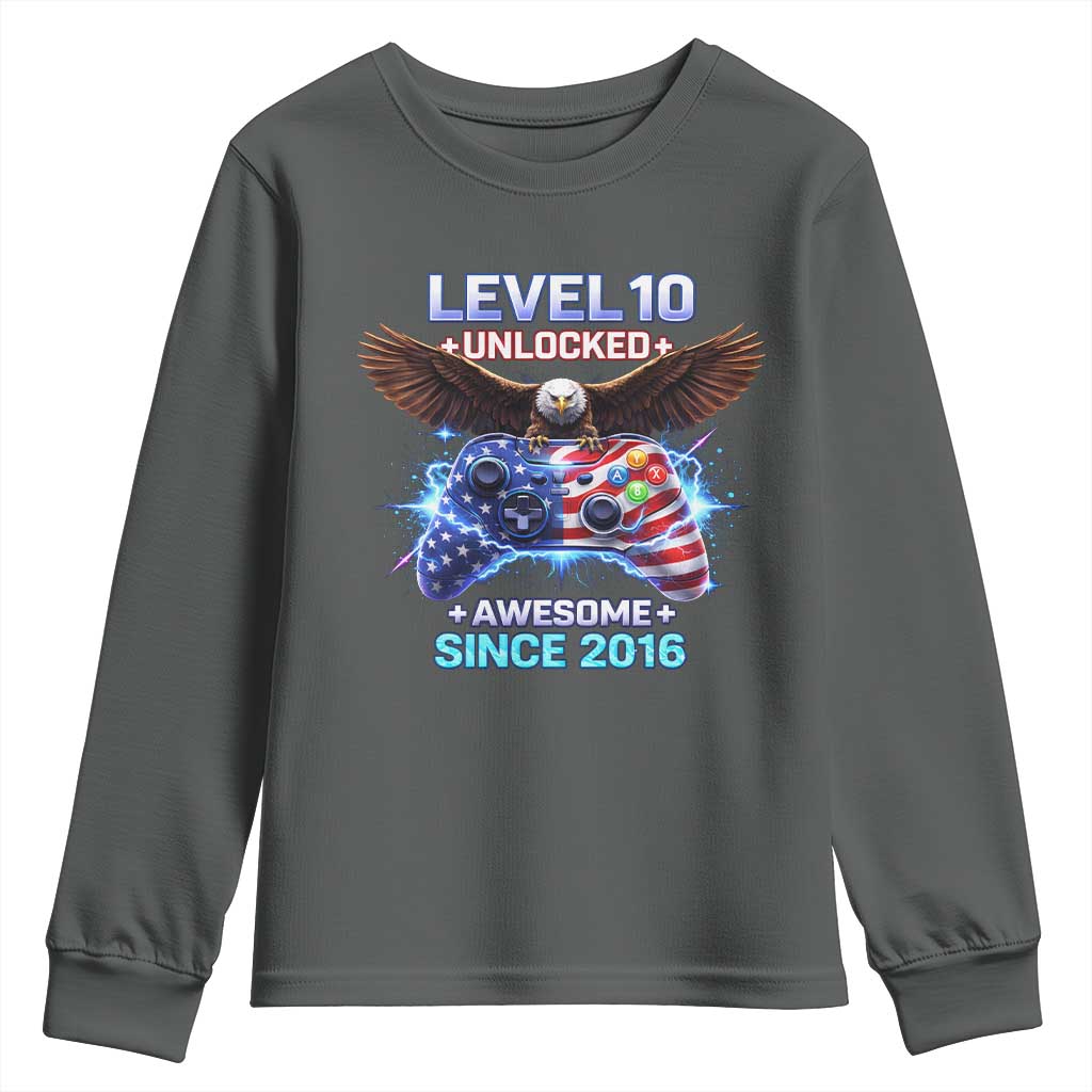 Funny 10th Birthday Youth Sweatshirt Level 10 Unlocked Awesome Since 2016 USA Gamer TS11 Dark Heather Print Your Wear