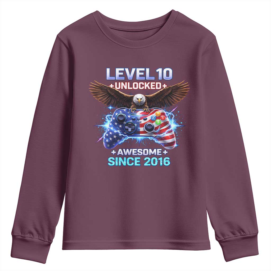 Funny 10th Birthday Youth Sweatshirt Level 10 Unlocked Awesome Since 2016 USA Gamer TS11 Maroon Print Your Wear