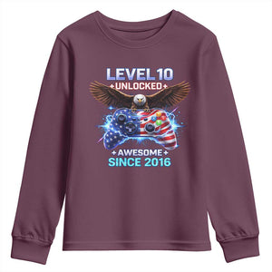 Funny 10th Birthday Youth Sweatshirt Level 10 Unlocked Awesome Since 2016 USA Gamer TS11 Maroon Print Your Wear