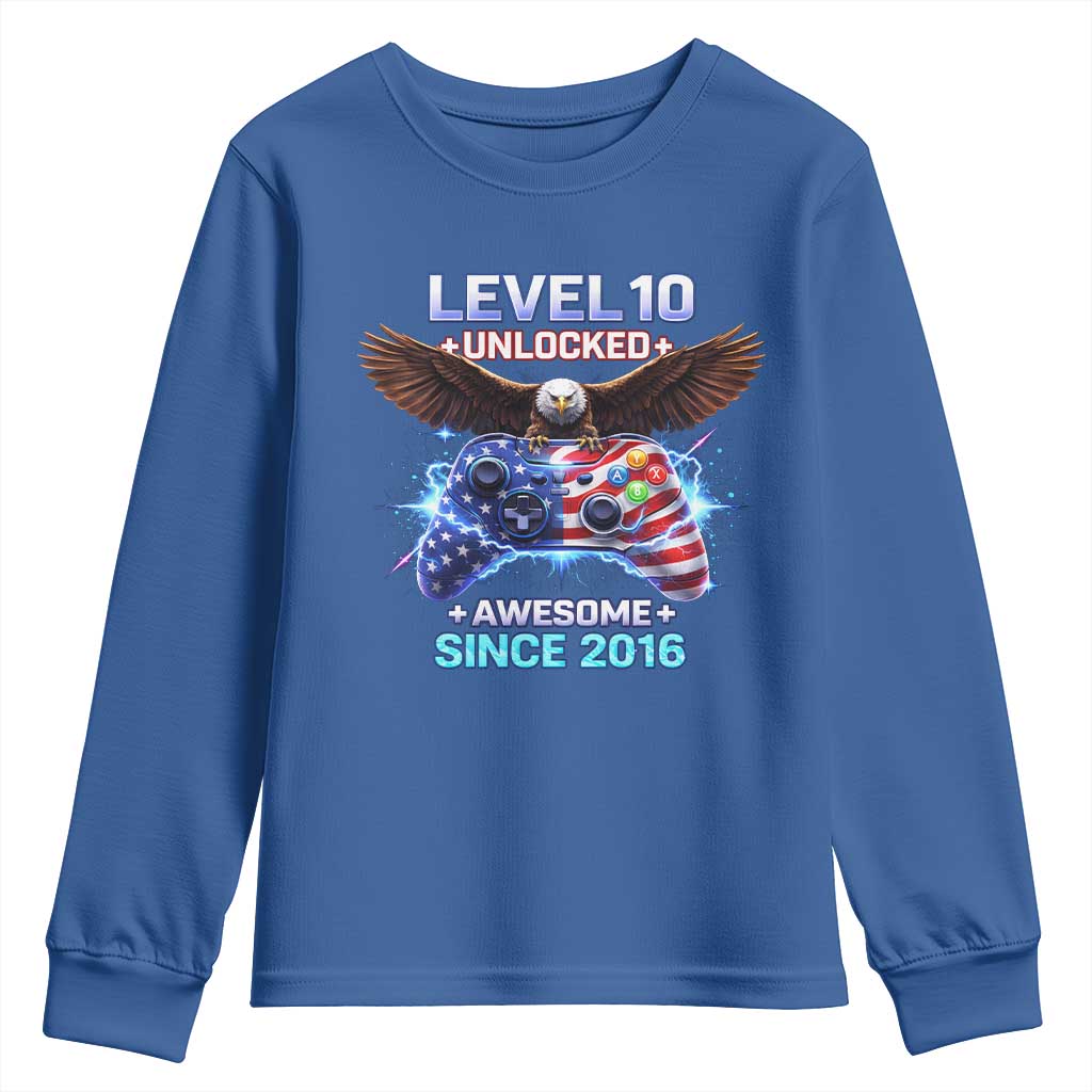 Funny 10th Birthday Youth Sweatshirt Level 10 Unlocked Awesome Since 2016 USA Gamer TS11 Royal Blue Print Your Wear