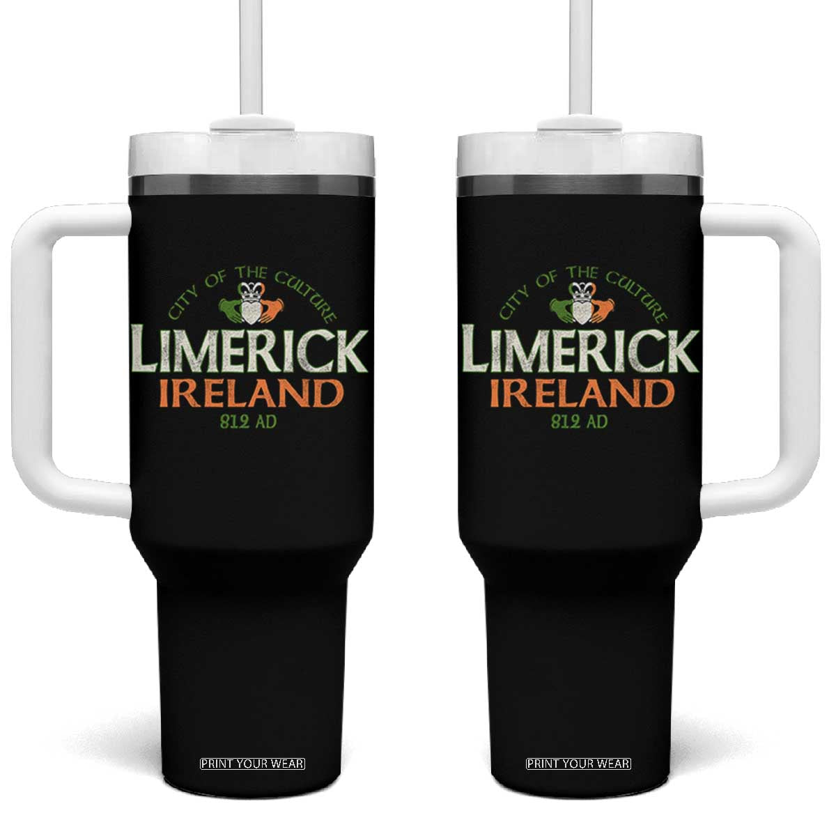 Limerick Ireland Tumbler With Handle City Of The Culture Est 812 AD TS11 One Size: 40 oz Black Print Your Wear