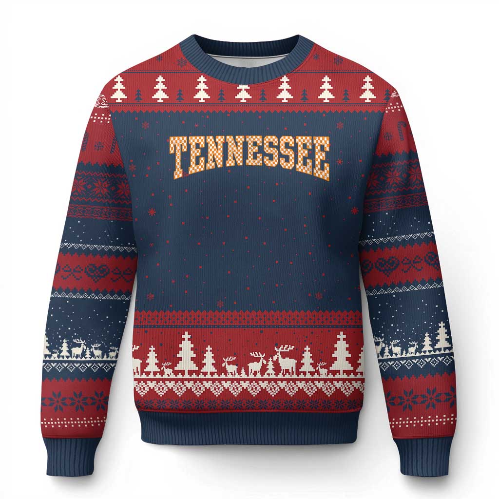 Tennessee Fan Ugly Christmas Sweater Orange Retro Checkered Varsity TN State TS11 Navy Red Print Your Wear