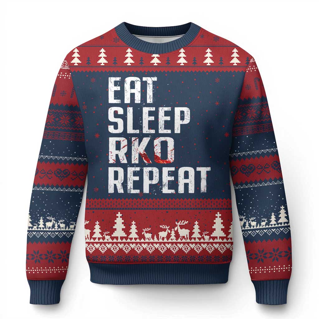 Eat Sleep RKO Repeat Ugly Christmas Sweater Blood Stained TS11 Navy Red Print Your Wear