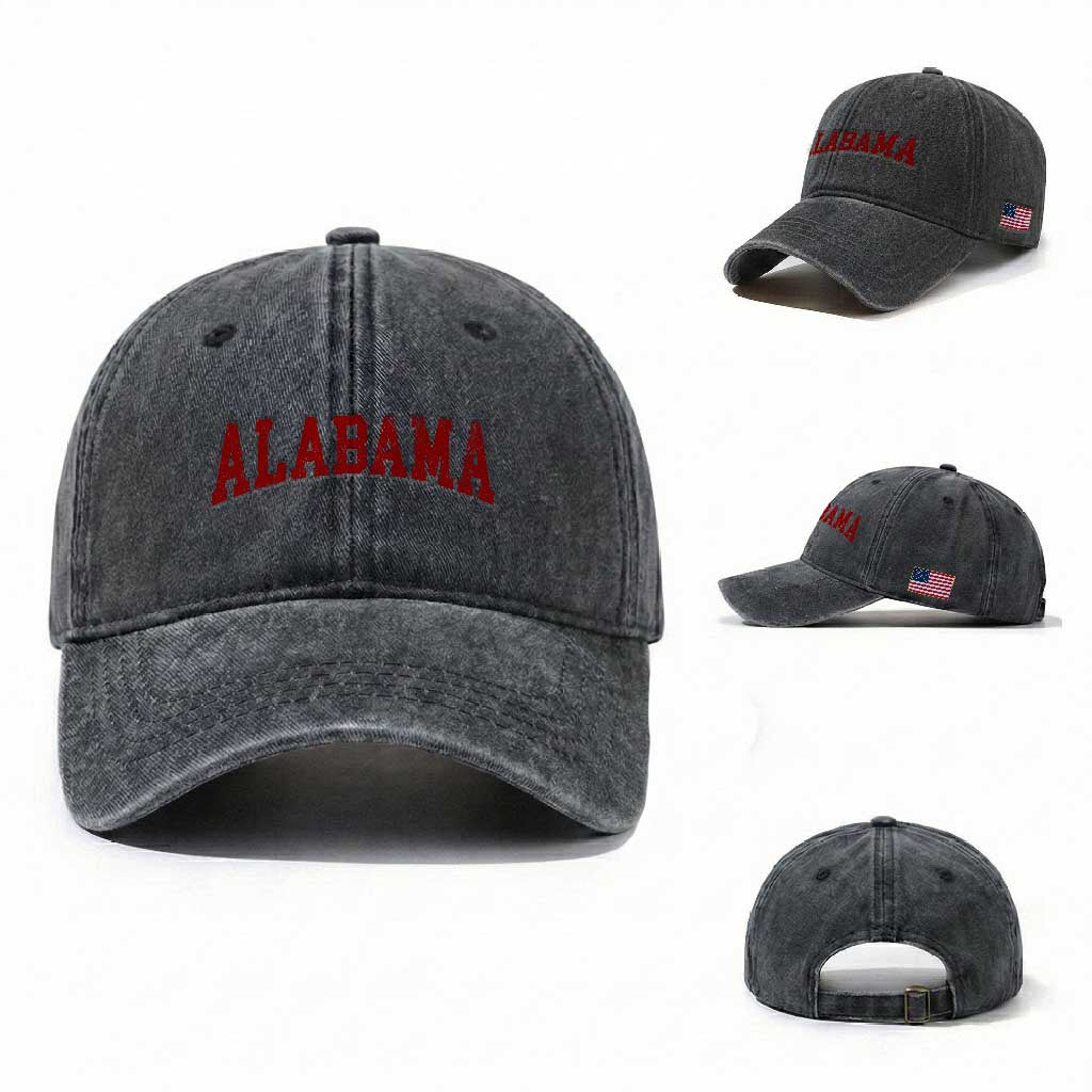 Alabama Fan Washed Cotton Baseball Cap Red Bold Sport State Letters Game Day TS11 Washed Cap Universal Fit Dark Gray Print Your Wear