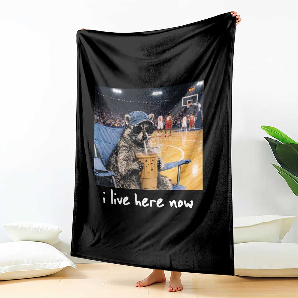 Basketball Raccoon I Live Here Now Throw Blanket Funny Trash Panda Drinking Iced Coffee Basketball Court TS11 Print Your Wear