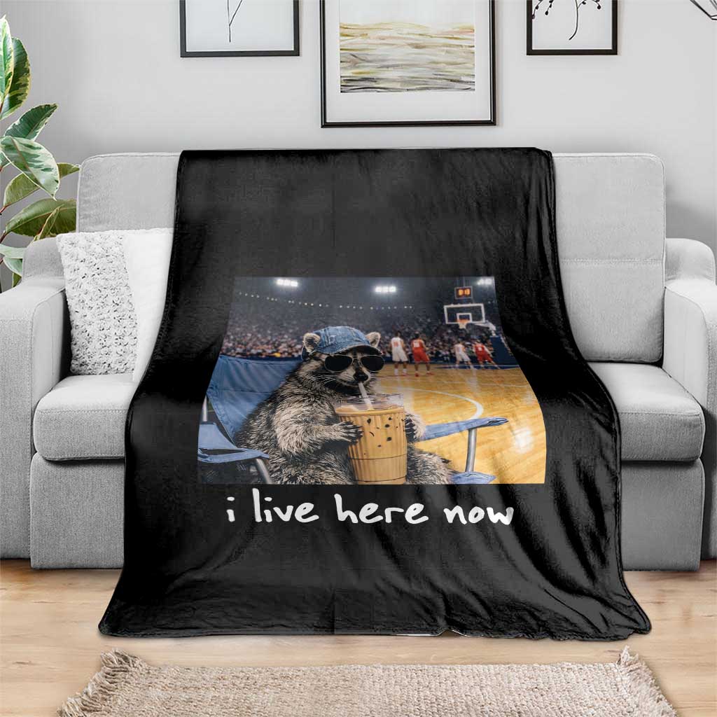 Basketball Raccoon I Live Here Now Throw Blanket Funny Trash Panda Drinking Iced Coffee Basketball Court TS11 Print Your Wear