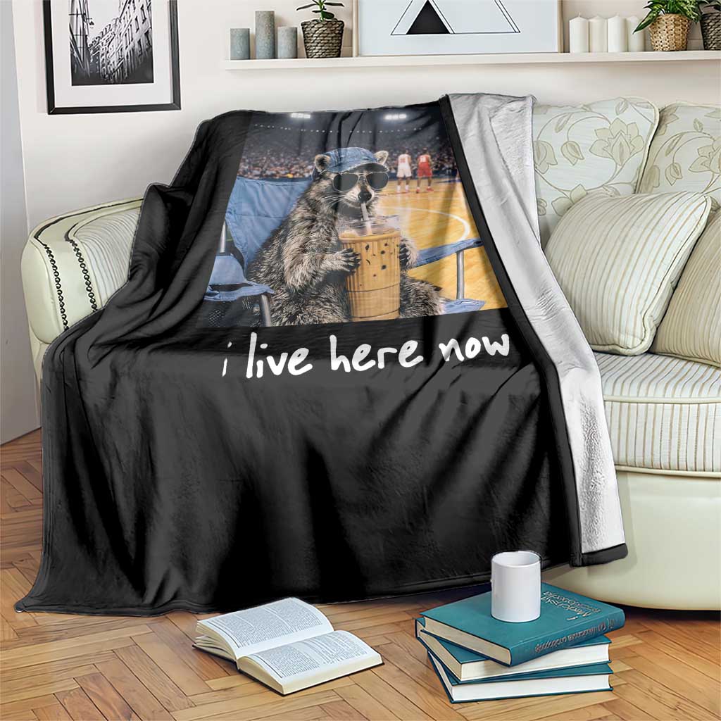 Basketball Raccoon I Live Here Now Throw Blanket Funny Trash Panda Drinking Iced Coffee Basketball Court TS11 Print Your Wear
