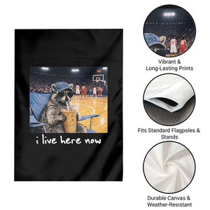 Basketball Raccoon I Live Here Now Garden Flag Funny Trash Panda Drinking Iced Coffee Basketball Court TS11 Print Your Wear