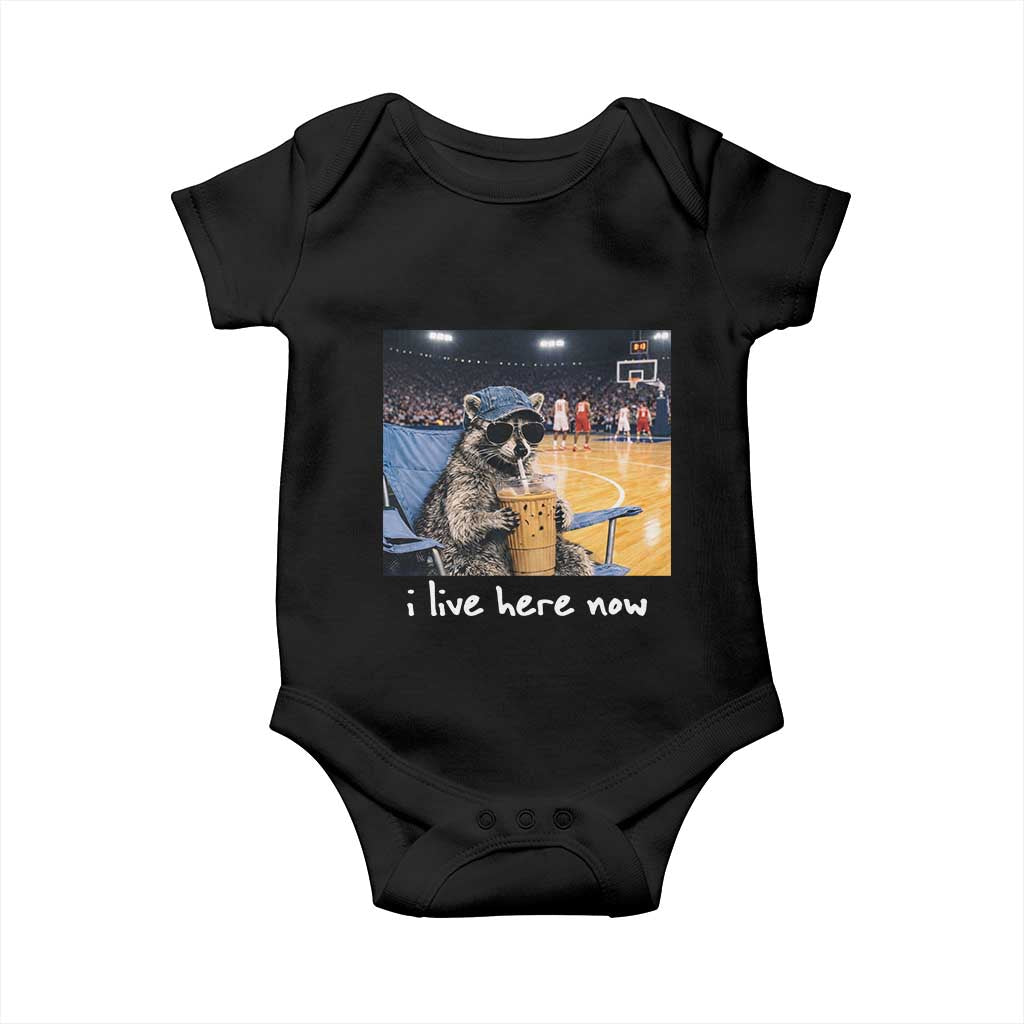 Basketball Raccoon I Live Here Now Baby Onesie Funny Trash Panda Drinking Iced Coffee Basketball Court TS11 Black Print Your Wear