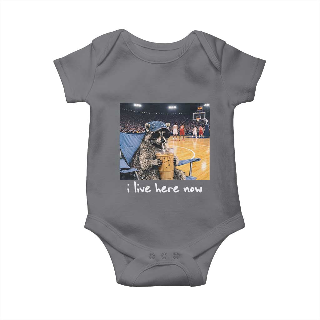 Basketball Raccoon I Live Here Now Baby Onesie Funny Trash Panda Drinking Iced Coffee Basketball Court TS11 Charcoal Print Your Wear