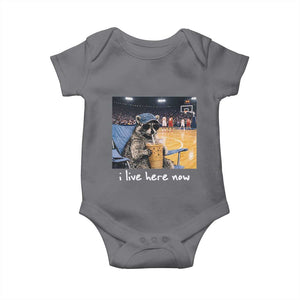 Basketball Raccoon I Live Here Now Baby Onesie Funny Trash Panda Drinking Iced Coffee Basketball Court TS11 Charcoal Print Your Wear