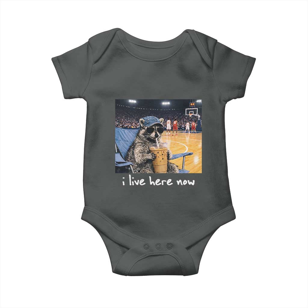 Basketball Raccoon I Live Here Now Baby Onesie Funny Trash Panda Drinking Iced Coffee Basketball Court TS11 Dark Heather Print Your Wear