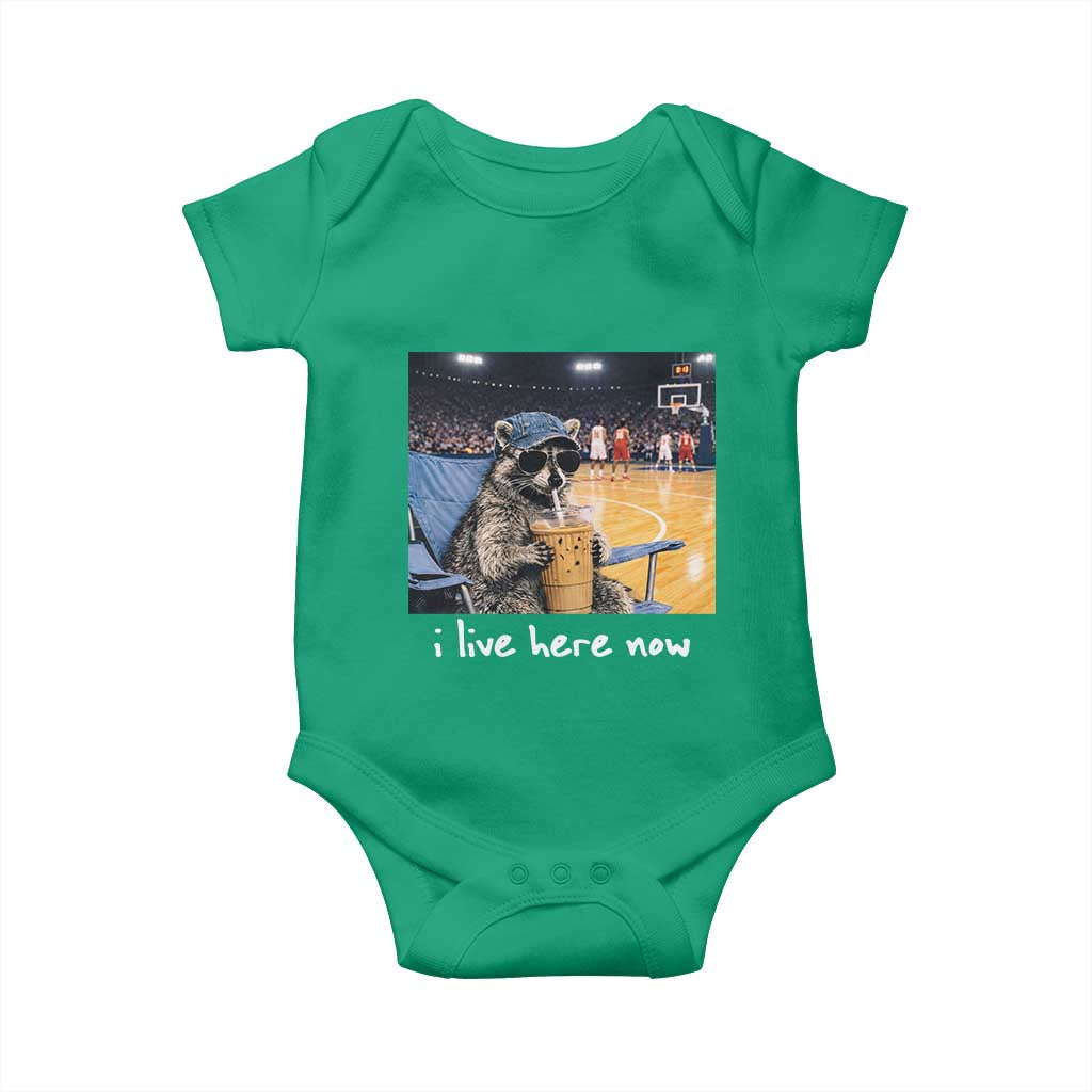 Basketball Raccoon I Live Here Now Baby Onesie Funny Trash Panda Drinking Iced Coffee Basketball Court TS11 Irish Green Print Your Wear