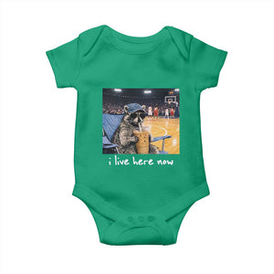 Basketball Raccoon I Live Here Now Baby Onesie Funny Trash Panda Drinking Iced Coffee Basketball Court TS11 Irish Green Print Your Wear