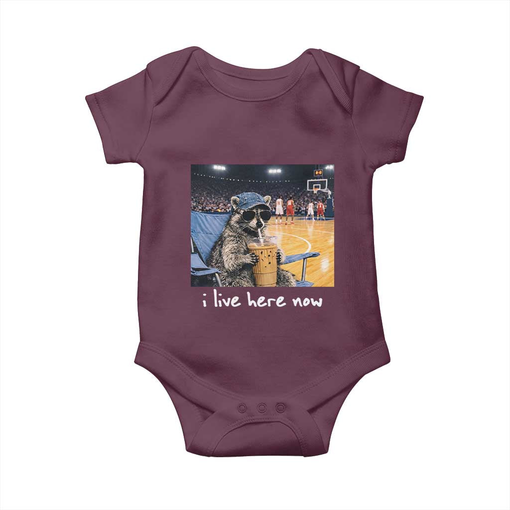 Basketball Raccoon I Live Here Now Baby Onesie Funny Trash Panda Drinking Iced Coffee Basketball Court TS11 Maroon Print Your Wear