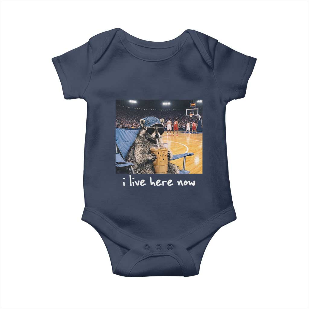 Basketball Raccoon I Live Here Now Baby Onesie Funny Trash Panda Drinking Iced Coffee Basketball Court TS11 Navy Print Your Wear