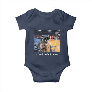 Basketball Raccoon I Live Here Now Baby Onesie Funny Trash Panda Drinking Iced Coffee Basketball Court TS11 Navy Print Your Wear