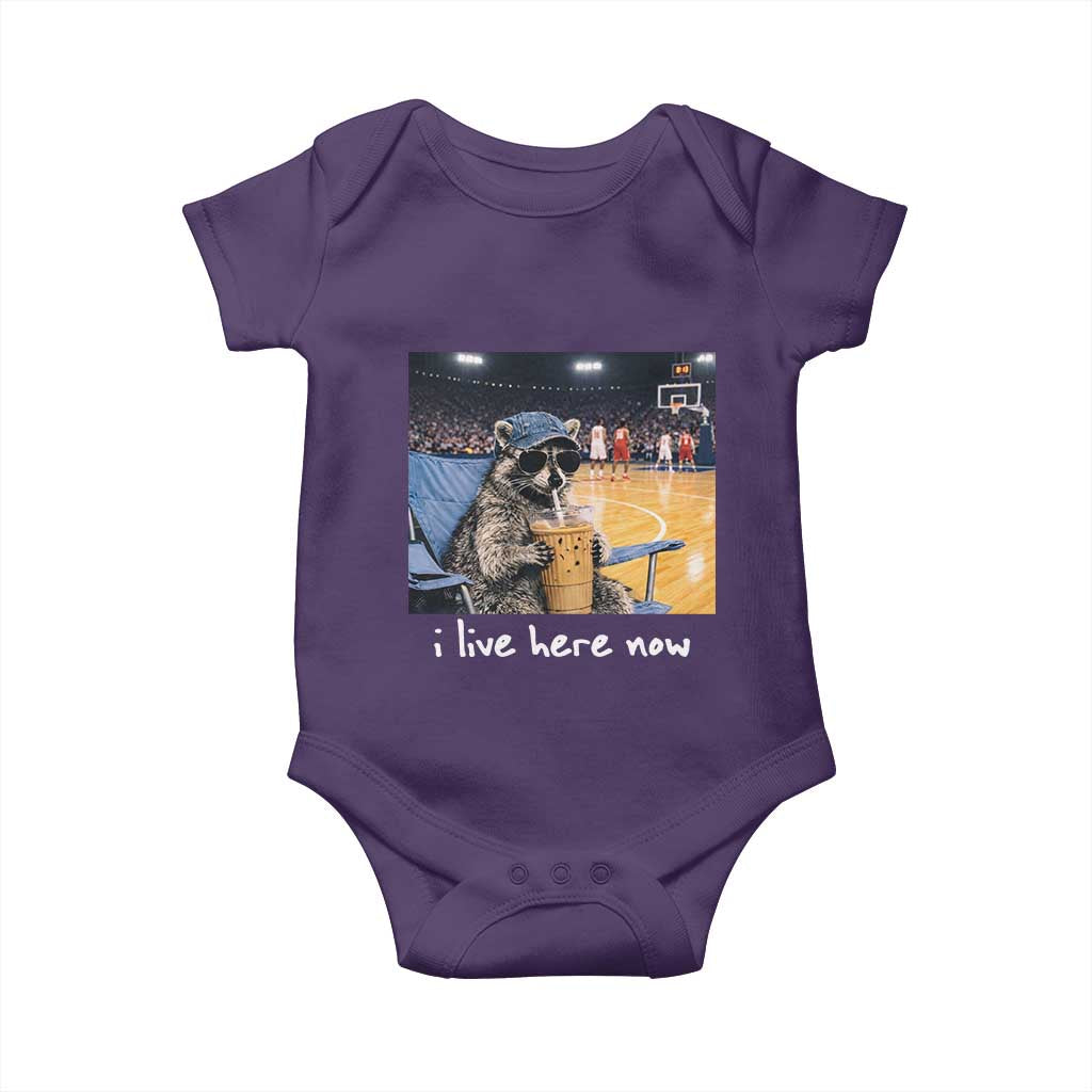 Basketball Raccoon I Live Here Now Baby Onesie Funny Trash Panda Drinking Iced Coffee Basketball Court TS11 Purple Print Your Wear