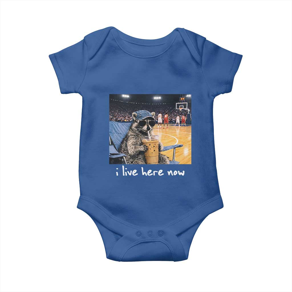 Basketball Raccoon I Live Here Now Baby Onesie Funny Trash Panda Drinking Iced Coffee Basketball Court TS11 Royal Blue Print Your Wear