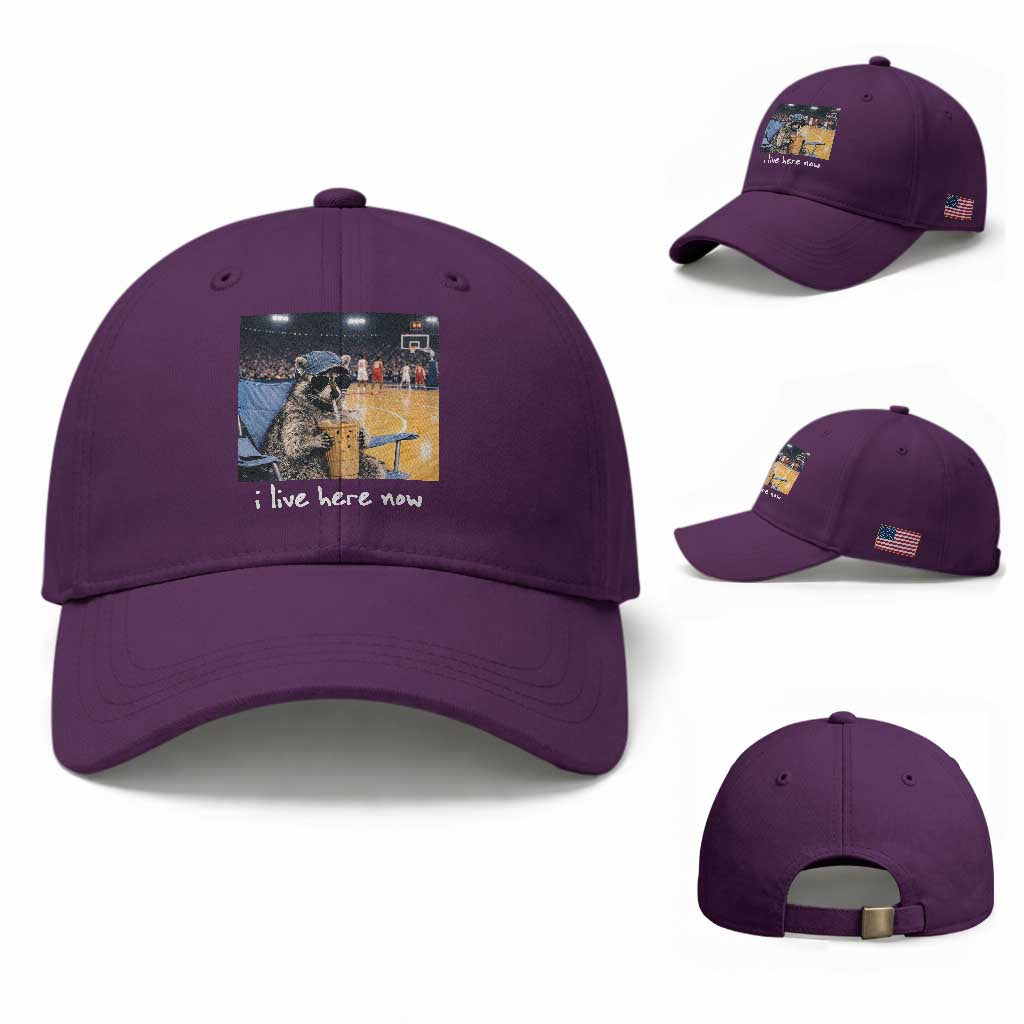 Basketball Raccoon I Live Here Now Baseball Cap Funny Trash Panda Drinking Iced Coffee Basketball Court TS11 Baseball Cap Universal Fit Purple Print Your Wear